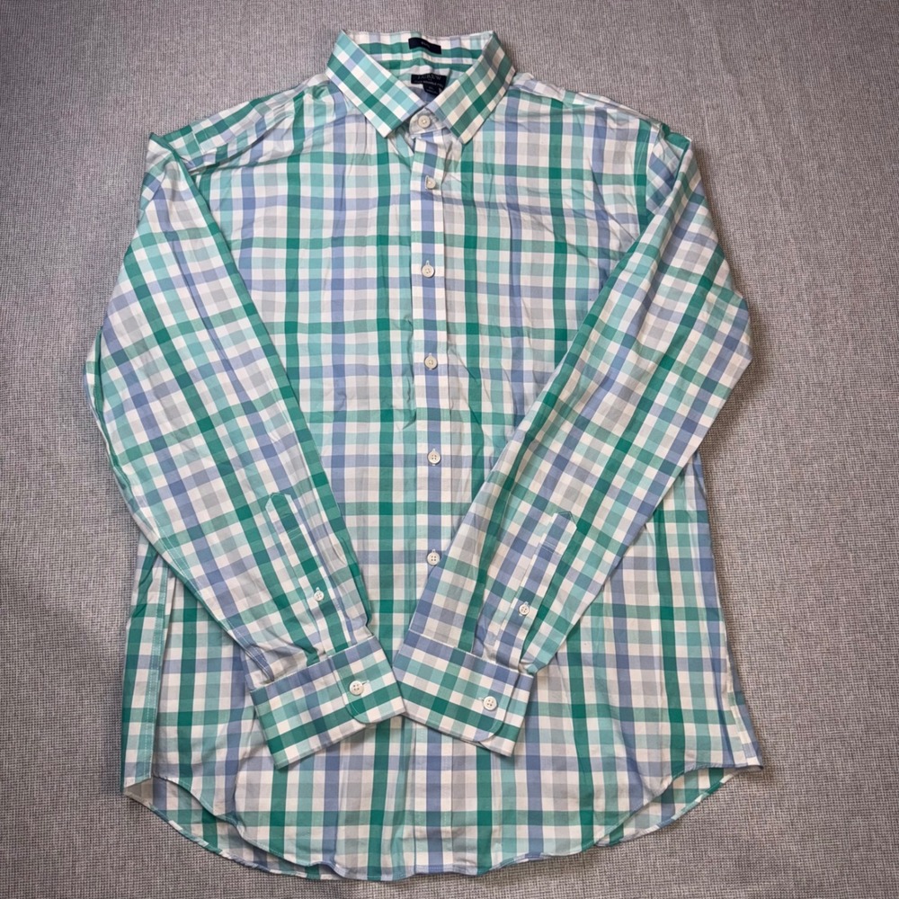 J.Crew Flex Wrinkle Free Slim Fit Gingham Shirt XL Green Blue Long Sleeve Mens
